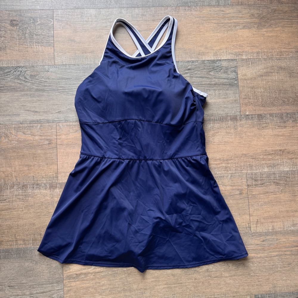 Lands End Navy Blue High Neck Crossback Swim‎ Dress with Pockets Womens 16